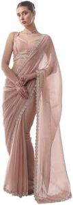 ORHANS Women's Chiffon All Over Fix Diamond & Lace Work Saree With Art Silk Matching Unstitched Blouse Piece, Peach, Free Size
