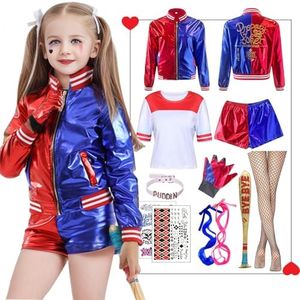 Antsparty Quinn Cosplay Costumes for Kids, Girls Villain Costume Kit include Jacket, T-shirt, Shorts, Gloves, Perfect for Halloween Fancy Dress Costume, Carnival Cosplay (120)