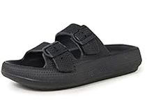 Unisex Slipper Beach Pillow Sandal Adjustable Double Buckle Slides Soft Bedroom Sandal SPA Slippers Black Men Size 10 10.5 Women Size 11 11.5