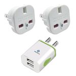 Pipestation US to UK USB Travel Adapter Charger with 2x USA to UK Travel Adaptors | 2 Pin America Adaptor with 2 USB Ports | UK 3 pin to American 2 Flat Pin | Converter for America Canada China Japan