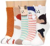 Plush Slipper Socks Women - Colorful Warm Fuzzy Crew Socks Cozy Soft 3 to 6 Pairs for Winter Indoor, Animal Series (5 Pairs), One Size