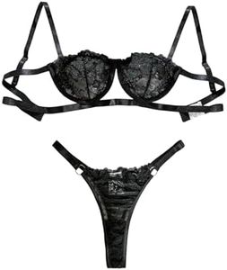 Lilosy Sexy Eyelash Underwire Floral Lace Sheer Lingerie Set Women See Through Linked Panty Bra 2 Piece, Black #2, Medium