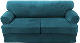 H.VERSAILTEX Sofa Cover 3 Piece T Cushion Sofa Slipcovers Thick Velvet Couch Cover Furniture Protector Stretch T Cushion Sofa Covers for 2 Cushion Couch with 2 Individual T Cushion Covers, Deep Teal