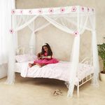 Wremedies for easier living Girls Princess Bed Canopy 4 Poster Style Bed Netting with Flowers Twin Bed Mosquito Easy Installation Net Box Set (White)