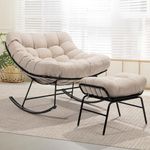 Bme Patio Rocking Chair Outdoor & Indoor with Ottoman, Metal Patio Lounge Rocking Chair with Thick Cushion, Comfy Modern Rocker Chair, Beige Cushion - Black Matte Rocker