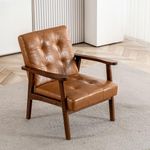 Faux Leather Accent Chair, Mid Century Modern Chairs for Living Room, Upholstered Comfy Armchair Bedroom Side Arm Chair with Rubber Wood,105° Ergonomic, Comfort Cushion and Wide Sitting