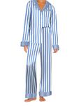 Ekouaer Silk Satin Pajamas Long Sleeve Button Up Pjs 2 Piece Lounge Sets Pj Sets for Women Blue and White Stripes S