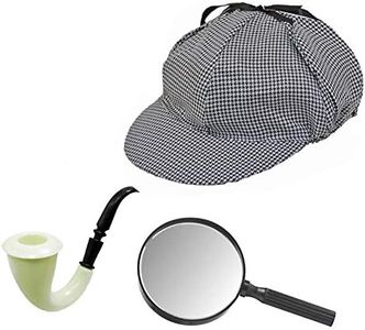 Sherlock Holmes Houndstooth Detective Hat with Costume Pipe & Magnifying Glass