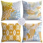 NIGHTWISH Outdoor Pillow Covers Set of 4 Waterproof Outdoor Decorative Throw Pillow Covers Yellow Grey Blue Leaf Sofa Couch Cushion Cases for Patio Furniture Garden (18 x 18-Inch)