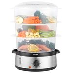 VonShef Food Steamer Electric with 3 Removable Stackable Tiers, 60 Minute Timer, Boil Dry Protection, Easy Clean Dishwasher Safe Parts & Rice Bowl Included for Healthy Steam Cooking - BPA Free, 800W