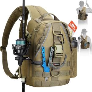 Piscifun Fishing Tackle Bag - Fishing Gear Storage Backpack for Men and Women, Multifunctional Sling Fishing Bag with Rod Holder Khaki Standard