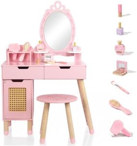 WOODENFUN Kids Vanity Table and Chair Set for Little Girls, Pink Girls Vanity with 7 Pcs Accessories, Enough for Real and Pretend Makeup, Toddler Vanity for 3 Year Old and Up as Ideal Gift
