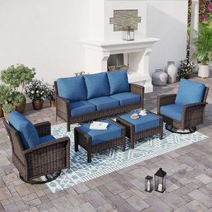 SUNSHINE VALLEY 5 Pieces Patio Furniture Set with Swivel Chairs, High Back Wicker Rattan Sofa with Extra Thick Cushion and Ottoman, Outdoor Conversation Set for Garden Backyard Deck,Blue