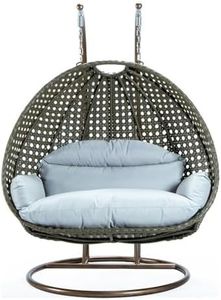 LeisureMod 2 Person Wicker Egg Chair Outdoor Indoor Bedroom Patio Hanging Lounge Swing Hammock Chairs with Beige Stand and UV Resistant Cushions, Light Grey