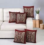 Nendle Jacquard Weaved Decorative Velvet Cushion Cover/Sofa Pillow Cover Set Of 5 Pieces (Maroon, 16X16 Inches), 500 TC