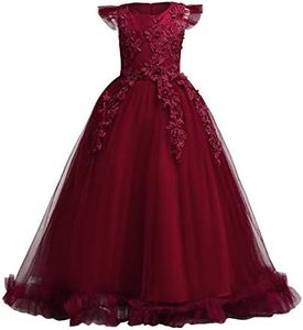 Girls Embroidery Flower Lace Long A Line Pageant Dress Floor Length Princess Prom Tulle Maxi Gown for Wedding Party Birthday, Burgundy, 5-6 Years