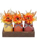 Fall Mason Jar Centerpiece for Table with Wood Tray & Artificial Flowers, Set of 3 Mason Jars Farmhouse Painted Decorative Jars for Thanksgiving Fall Home Decor, Fall Kitchen Table Centerpiece