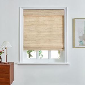 Derf Home Cordless Roman Shades for Windows Bamboo Roman Shades no Drill Roman Shades for Indoor Windows Bamboo Blinds Hardware Included, Light Brown, 1 Piece 30Wx64L