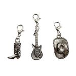 3pc in Set Cowboy Boot Zipper Pull, Cowboy Hat Clip-on Charm, Tiny Guitar Charm with Clasp