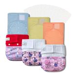 KAWAII BABY Daycare Cloth Diaper Pack - 6 Heavy Duty Hook & Loop Diapers with 12 Diaper Inserts One Size Adjustable Washable Reusable to fit Babies 8-36 lbs