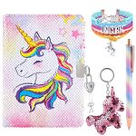 WERNNSAI Unicorn Sequins Notebook Set - Glitter Notebook Gift for Girls Kids School Travel Private Diary A5 Memos Writing Drawing Notepad Ballpoint Pen Stickers Tape with Lock and Keys