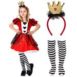 Girls Heart Queen Costume - Medium - Red Dress with Heart Detailing, Gold Crown on Headband and Striped Tights - Kids World Book Day Book Week Fancy Dress Costume