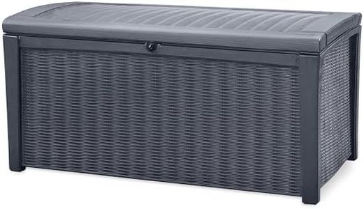 Keter Borneo 110 Gallon All Weather Weatherproof Rattan Wicker Resin Outdoor Backyard Patio Porch Garden Deck Organization Storage Box Bench, Grey