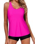 Yonique 2 Piece Tankini Swimsuits for Women with Boy Shorts Athletic Swim Tank Top Bathing Suits, Hot Pink, Medium