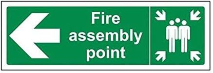 V Safety Fire Assembly Point Arrow Left Sign - Landscape - 450mm x 150mm - 2mm Rigid Plastic