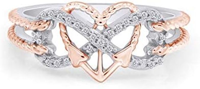 1/10 CT Natural Diamond Two Tone Heart Infinity Anchor Rope Promise Ring 14k White Gold Over Sterling Silver (I-J Color, I2-I3 Clarity, 0.10 Cttw) Ring Size-8