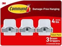 Command Broom and Mop Grippers, 3 Hangers and 6 Command Strips, Damage Free Hanging Wall Mount Broom and Mop Holder, Household Cleaning Organizer for Organization and Storage, Holds up to 4 lb