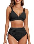 Bsubseach Two Piece Womens Bikini Tummy Control High Waisted Bathing Suits Solid Color Swimsuit Black M