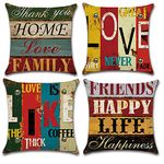 JUMUU Set of 4,Cotton-Linen Decorative Throw Pillow Covers Simple Geometric&English Letters Design Accent Handmade 18x18 inch Cushion Cover Square Pillowcase for Sofa Couch Bed (Love Home)