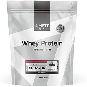 Marca Amazon - Amfit Nutrition Proteína de suero en polvo, frambuesa, 33 porciones, 1 kg (paquete de 1)