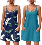 Ekouaer 2 Pack Sleeveless Nightgowns for Women with Pockets Spaghetti Strap Dress Racerback Chemise Navy Blue&Leaf S