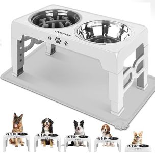 Elevated Dog Bowls for Medium Large Size Dogs with Mat, Non-Slip Dog Feeder with 1*Stainless Steel Dishes & 1*Slow Feeder Bowl, 5 Heights Adjustable Raised Bowls for 3.15″-8.66″-9.84″-11.02″-12.2″