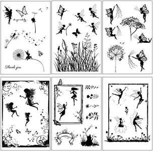 Butterfly Fairy Clear Stamps Set, 6Pcs Reusable Silicone Transparent Stamp Butterfly Fairy Dandelion Flowers Leaf Rubber Clear Stamp Seal for Card Making Decoration and DIY Scrapbooking Album Crafts