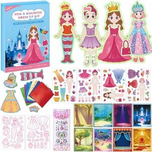 Magnetic Dress Up Dolls Girls Toys, Princess Mermaid Fairy Ballerina Unicorn Foil Art Craft Fun Kits with 4 Dress Up Dolls, 107 Magnets with Glow Edges, Travel Toys Games Gift for Kids 3 4 5 6 7 8 9