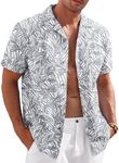 COOFANDY Mens Button Down Shirts Linen Hawaiian Shirt Cusual Dress Shirts Short Sleeve Tropical Shirts Gray Blue