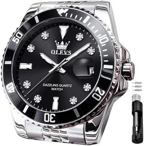 OLEVS Men's Watch, Fashion Classic Black Big Face Stainless Steel Diamond Dress Calendar Gold Waterproof Luminous Wrist Watches for Men