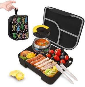 TinyPalsa Bento Box for Kids, 3 Compartment Kids Lunch Box with 10oz Leak Proof Thermos Food Jar, Easy-Open Latch, Dishwasher Safe, Ideal for School, Daycare, Travel with Portable Handle (Black Car)
