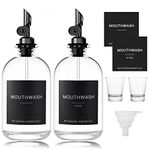 HomeFeel Black Glass Mouthwash Dispenser with Cups, 12.7 oz, 2 Pack - Clear Mouthwash Bottle with 304 Stainless Steel Spout & Minimalist Labels, Style Mouthwash Container for Bathroom