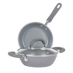 Meyer Anzen Healthy Ceramic Coated Cookware Open Frypan, 28cm with Kadai with Lid, 30cm, Grey, 3-Piece Set