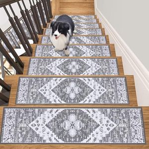 HEBE Carpet Stair Treads for Wooden Steps Indoor 15 Pack 8" X 30" Non Slip Self Adhesive Stairway Carpet Reusable Staircase Step Treads Edging Stair Rugs Runner for Kids and Pets