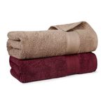 MYTRIDENT Soft Comfort Air Rich 100% Cotton Towels for Bath, 500 GSM Large Size Bathroom Towels for Men/Women, 2PC Bath (69 cm x 137 cm), Acorn and Wine Red