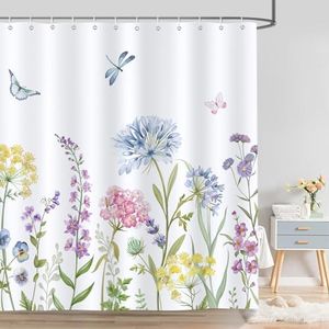 Bonhause Cortina de Ducha Primavera Colorida Flores Acuarela Mariposa Cortina de Baño de Poliéster Impermeable Antimoho Lavable Cortina Ducha 180 x 180 cm con 12 Ganchos
