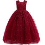 Weileenice Holiday Junior Girl Bridesmaid Maxi Dress Wine Red Lace 11-12 Flower Big Girls Elegant Wedding Party Birthday Evening Prom Ball Gown Teen Fancy Sequin Tulle Christmas Dresses Long Pageant