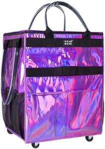 TOJNMAKE Reusable Grocery Bag with Wheels (Large, Glitter Purple), Rolling Shopping Bag with 8 Pockets and Zipper Cover Foldable Rolling Tote for Women, Travel, Garden, Carries Up to 76LBS