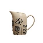 Creative Co-Op 8.75 Inches 62-Ounce Hand-Painted Stoneware Embossed Flowers, Cream and Black Pitcher