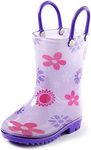 Puddle Play Toddler and Kids Rain Boots with Easy On Handles – Size 5 - Girls Purple Flowers Design